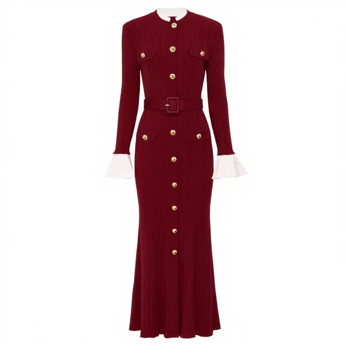 Knit Maxi Dress with Belted Waist and Gold Buttons
