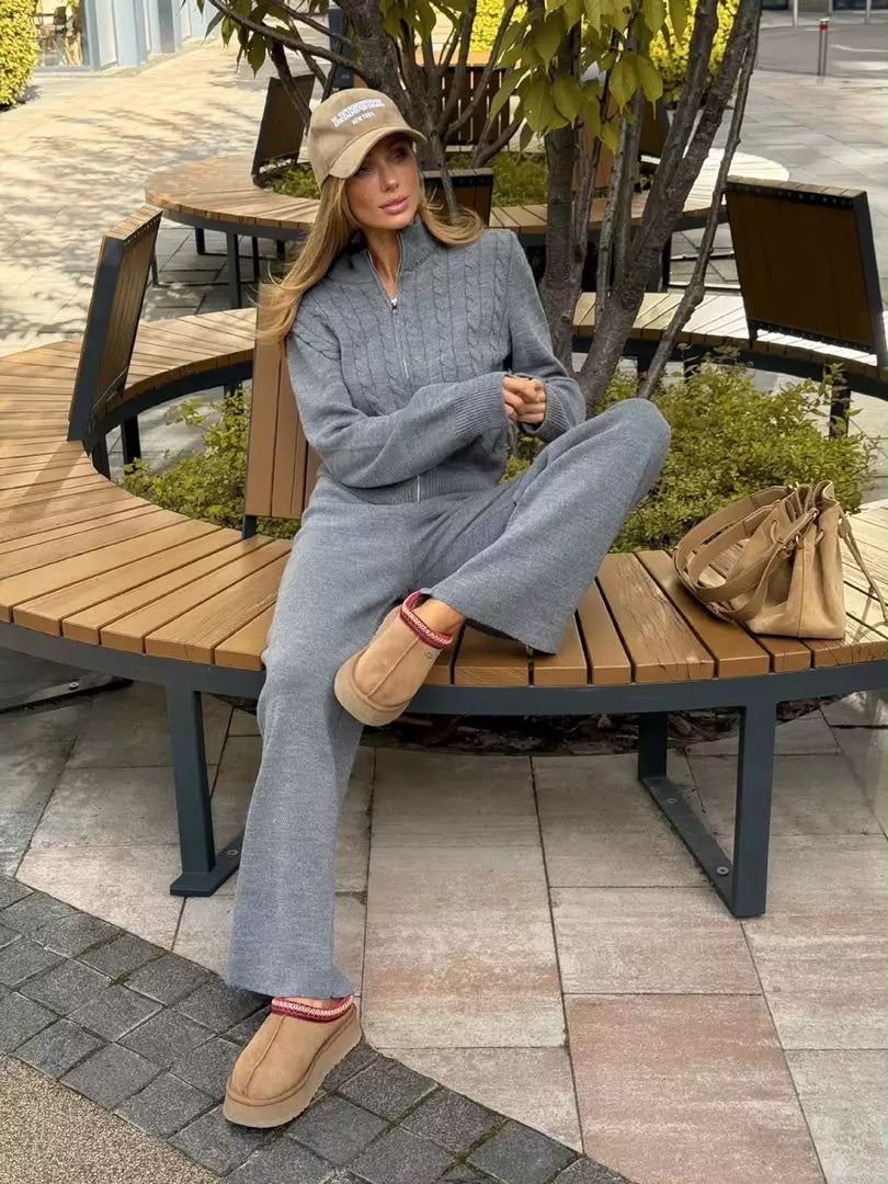 Cable Knit Zip Cardigan & Wide-Leg Pants Set