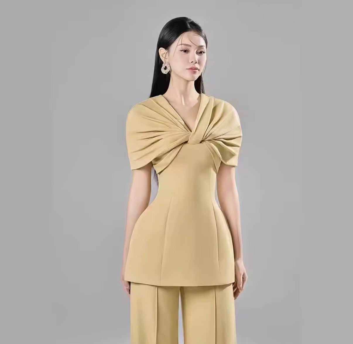 Golden Twist Drape Peplum Suit Set