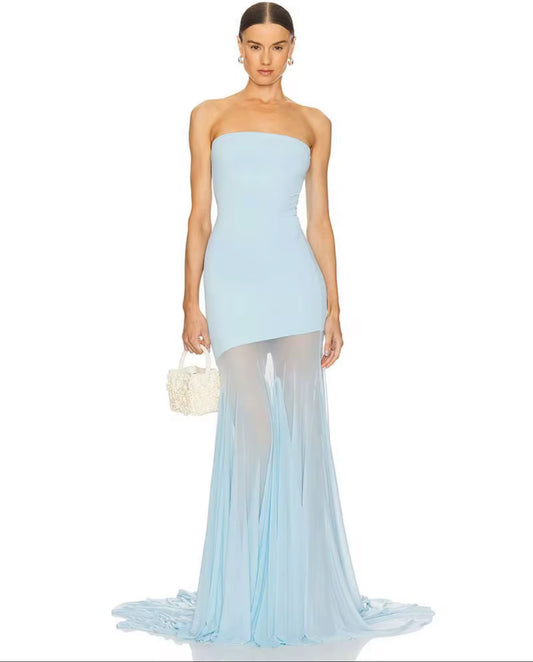 Yellow strapless evening dress with ombré sheer flowing hem