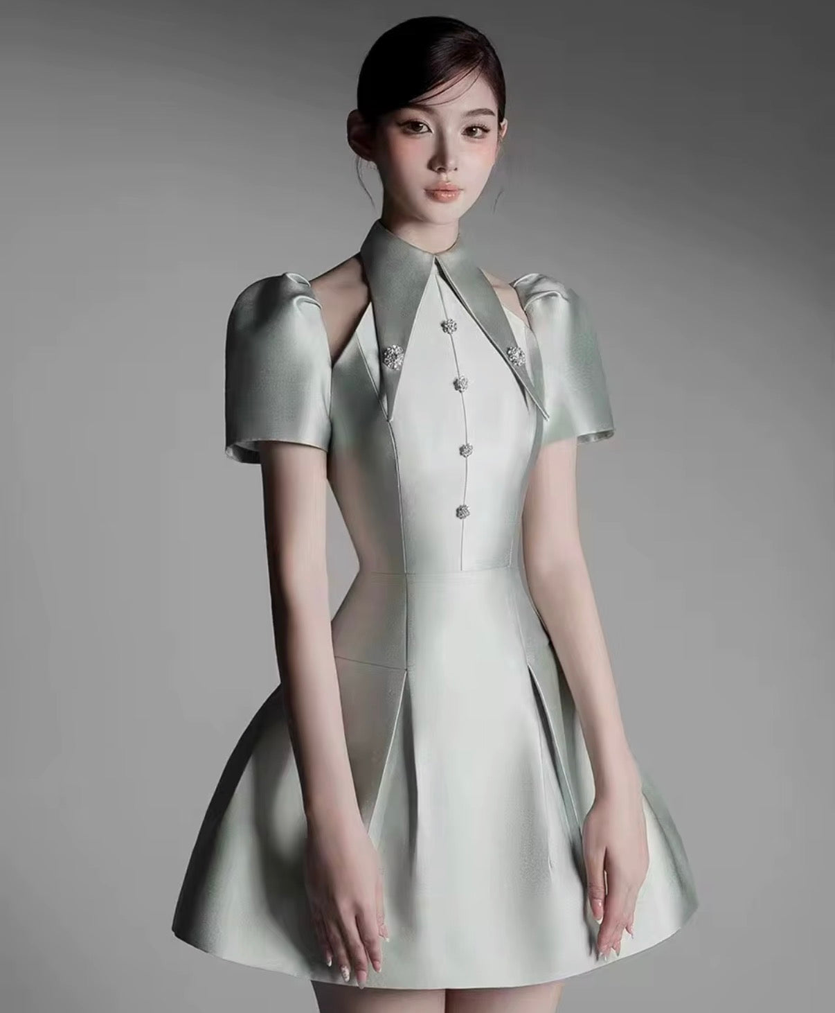 Elegant Sculpted Mini Dress with Statement Collar, Crystal Buttons, and Structured Puff Sleeves