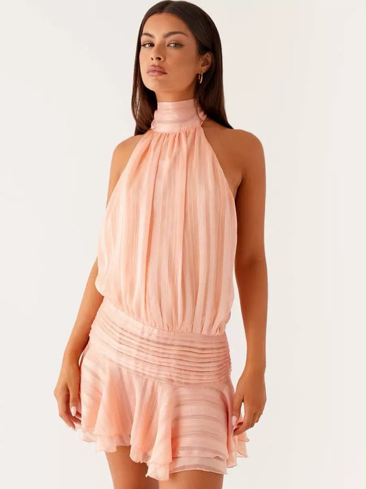 Peach Halter Ruffle Mini Dress