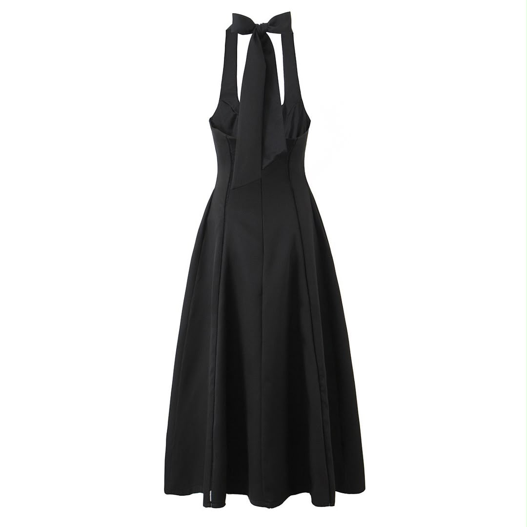 Black Halter A-Line Midi Dress