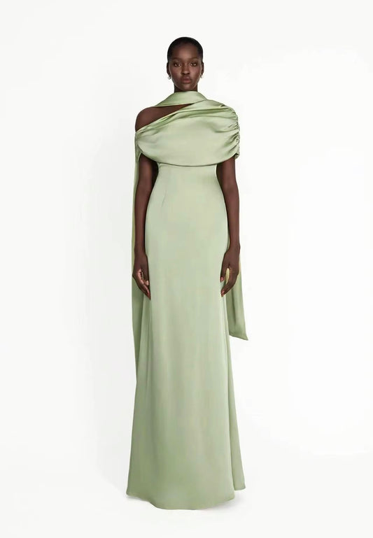 Draped Satin Scarf Gown