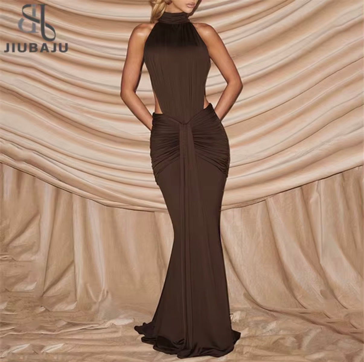Halter Neck Ruched Maxi Dress
