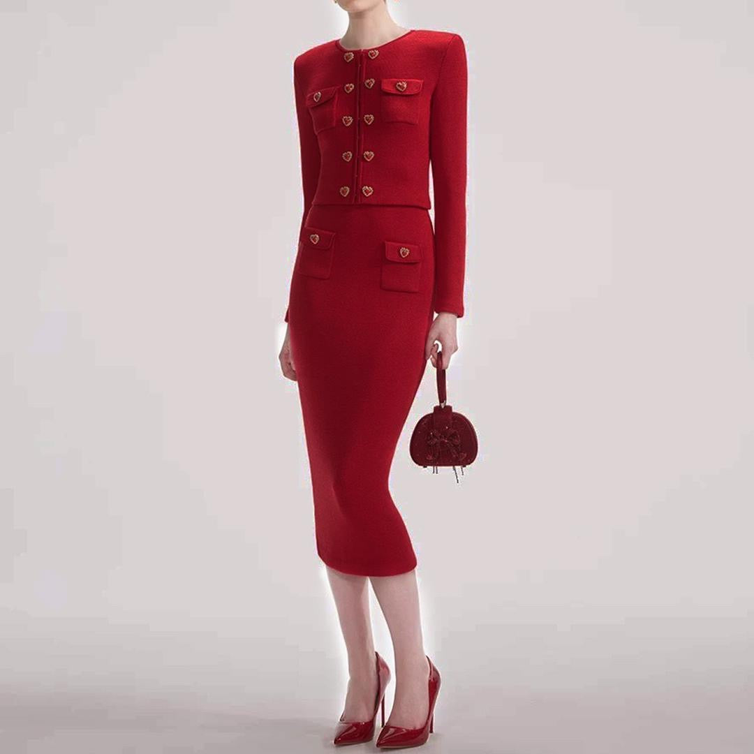 Heart-Embellished Knit Cardigan & Pencil Skirt Set