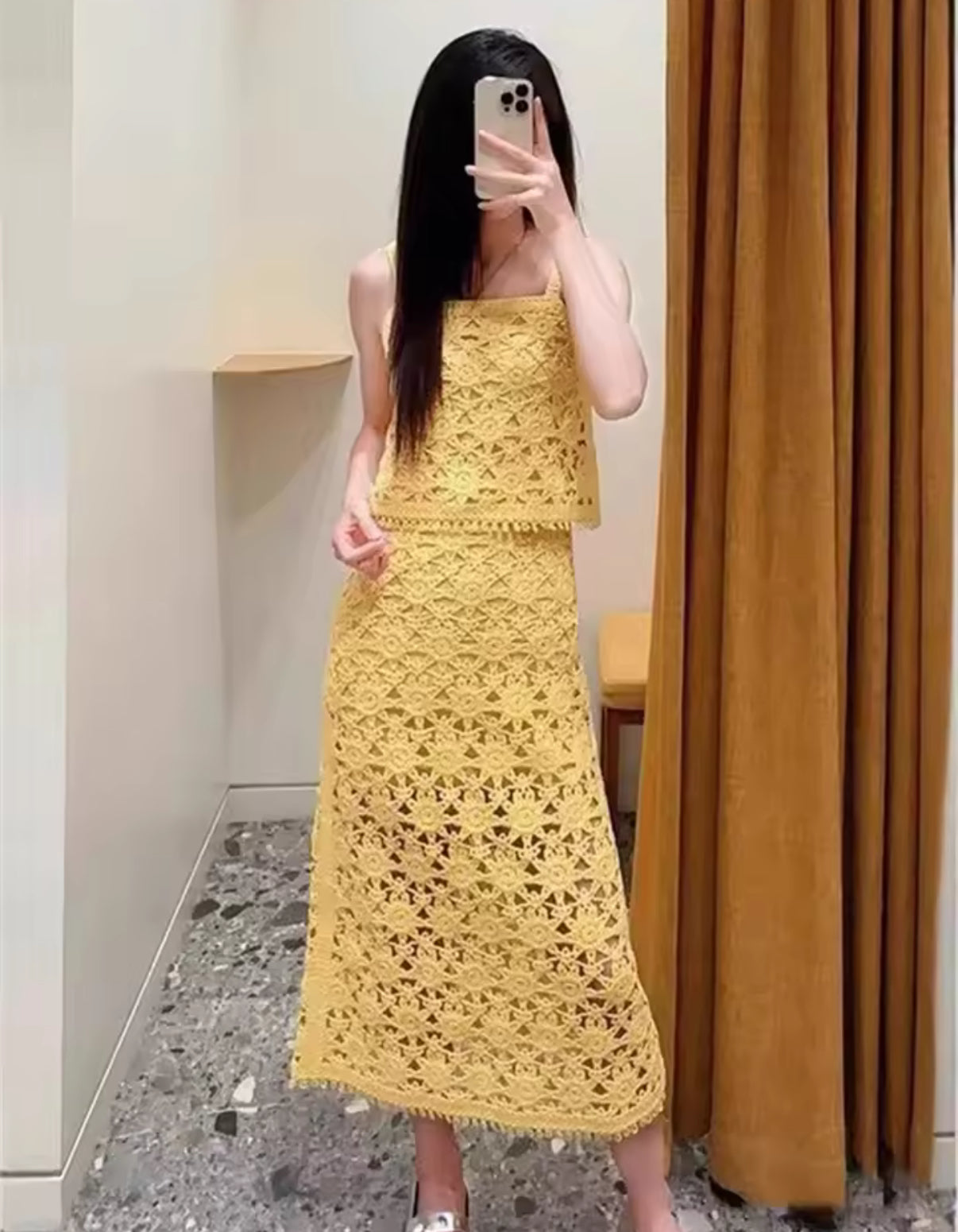Golden Yellow Crochet Crop & Midi Skirt Set