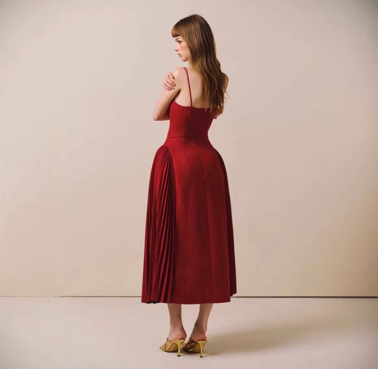 Crimson Sculpt Pleated Cape Midi Dress