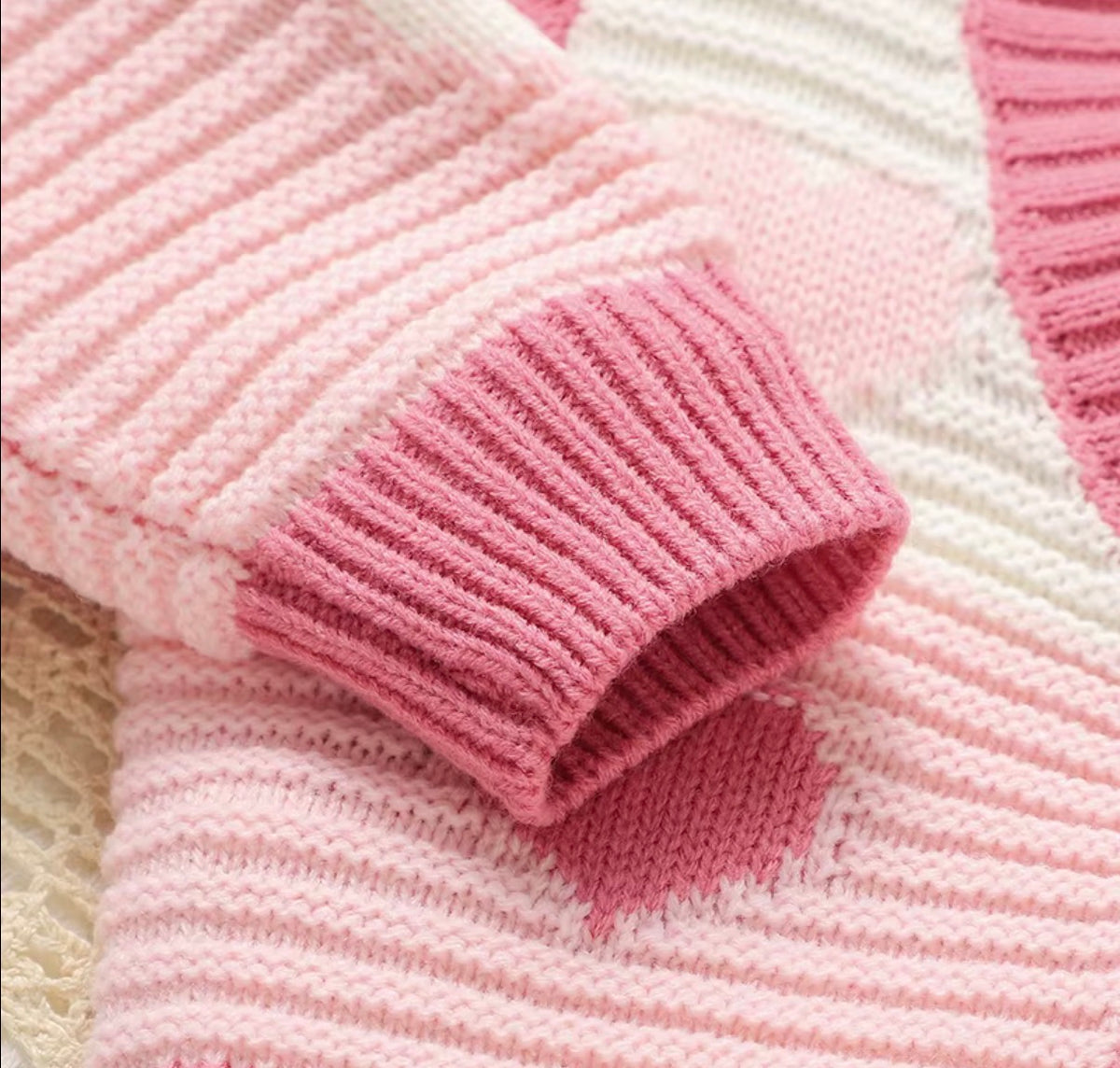 Pink Heart Knit Cardigan & Flared Pants Set