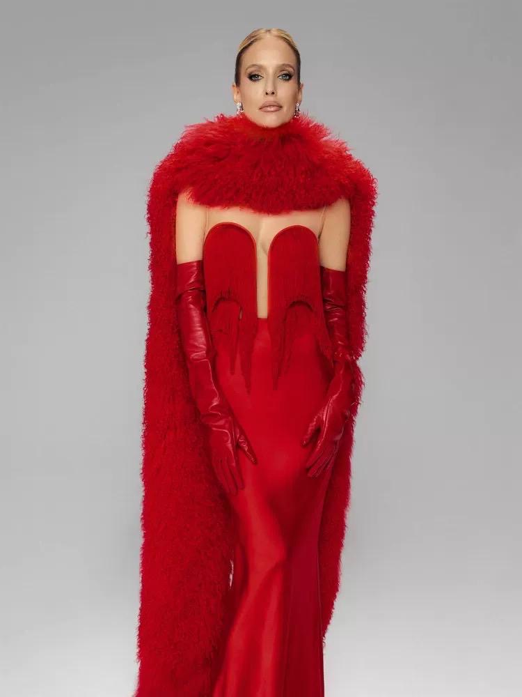 Crimson Goddess Fringe-Sculpted Gala Gown with Faux-Fur Royal Cape