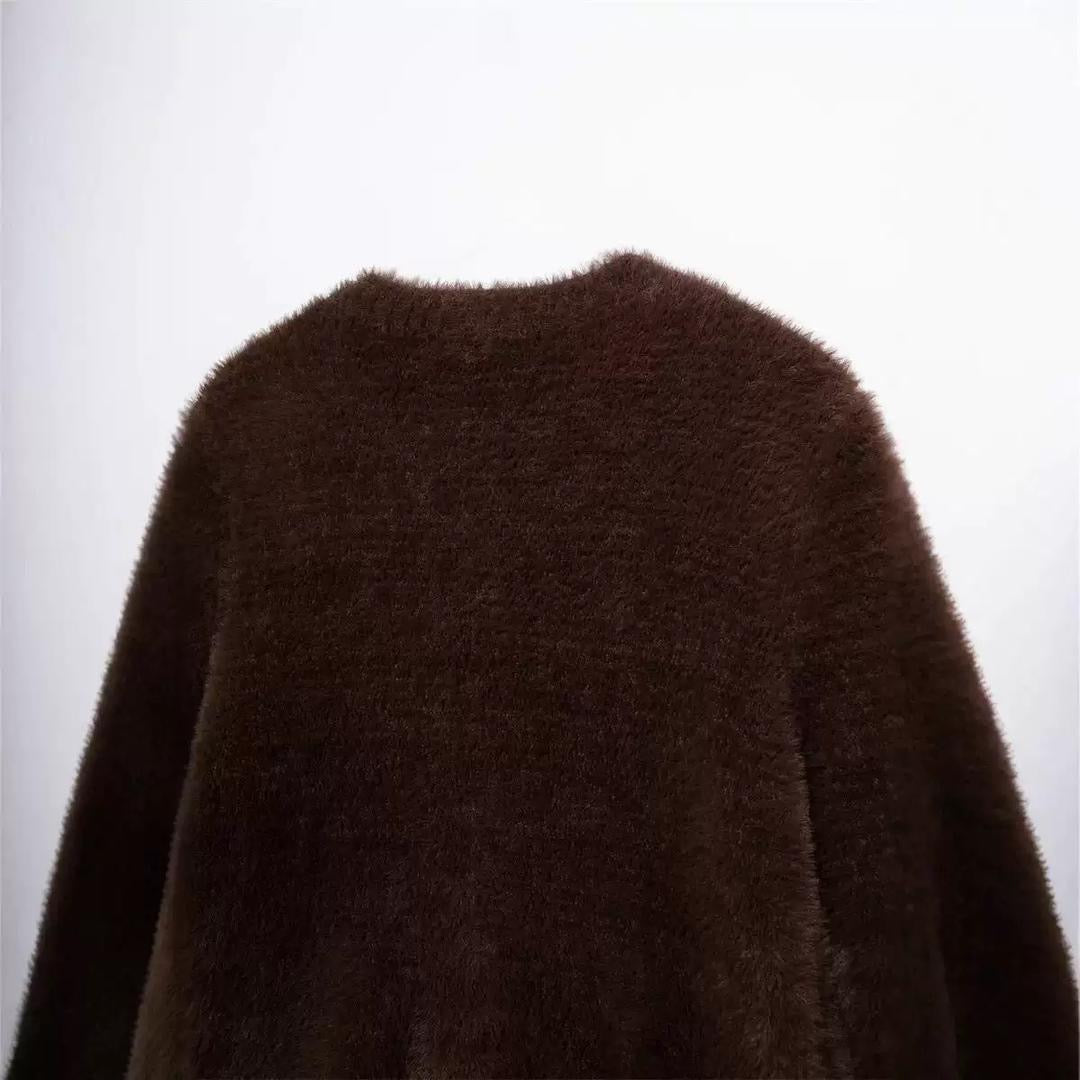 Brown Fuzzy Cardigan with Floral Crystal Buttons