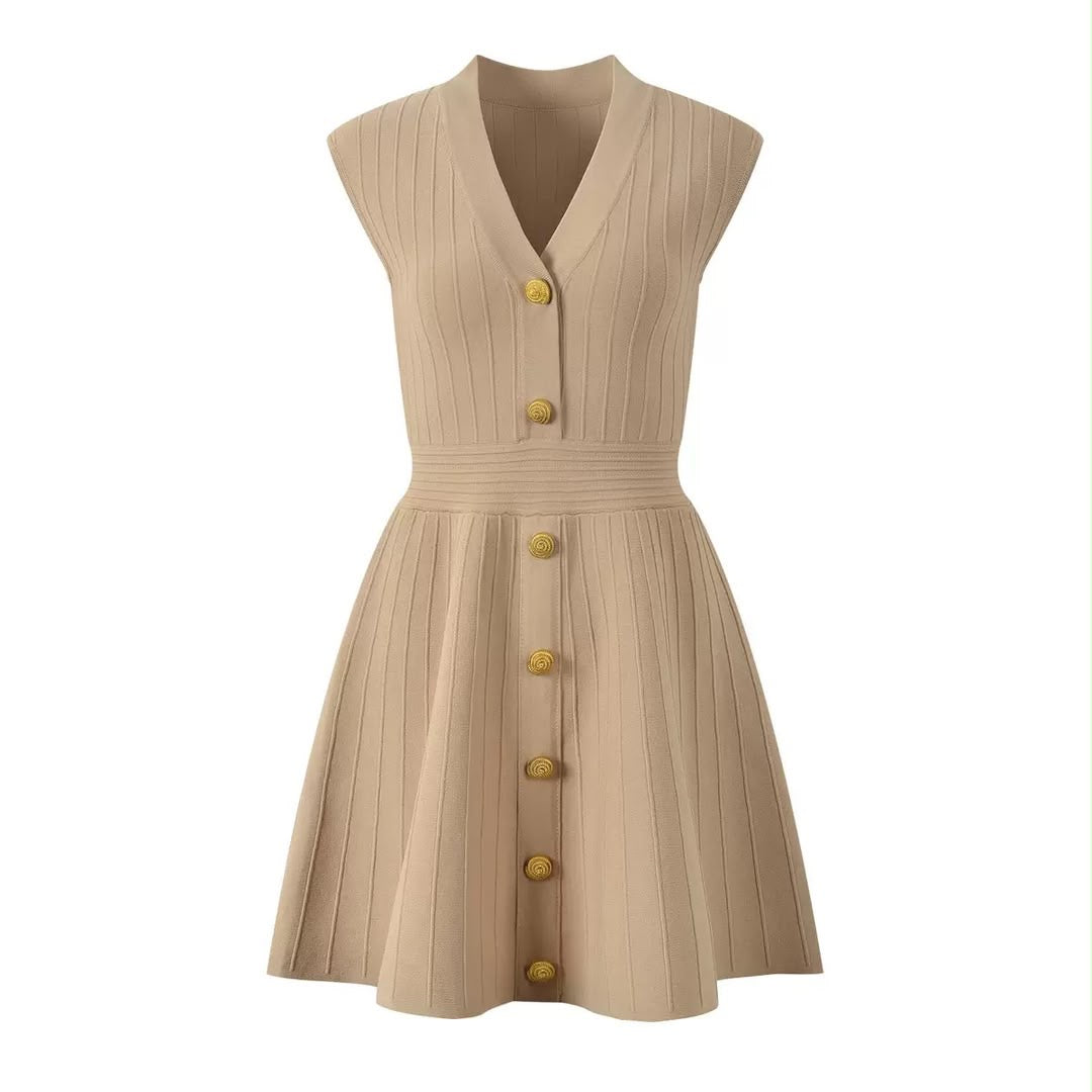 Gold-Button Ribbed Knit Mini Dress