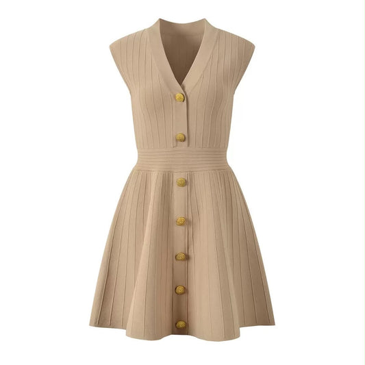 Gold-Button Ribbed Knit Mini Dress