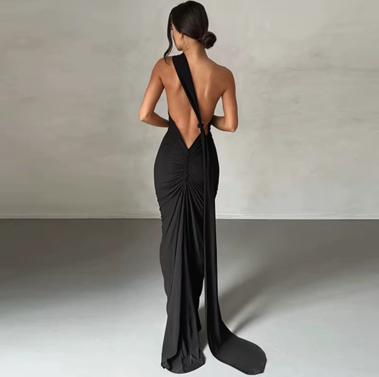 Backless Halter Dress with Draped Train
