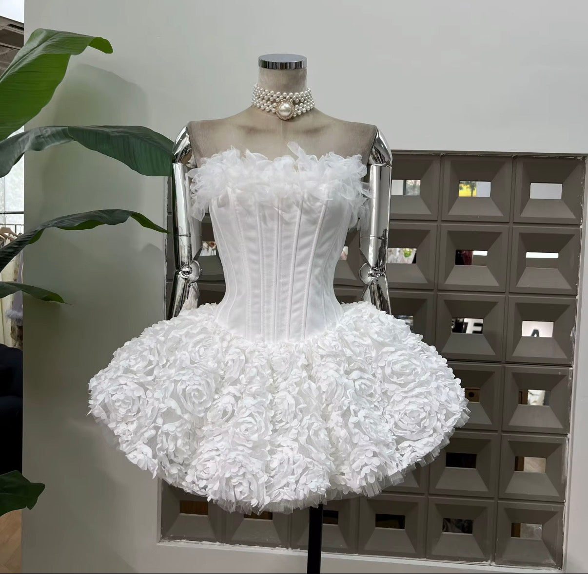 Floral Corset Mini Dress with Voluminous 3D Rose Skirt
