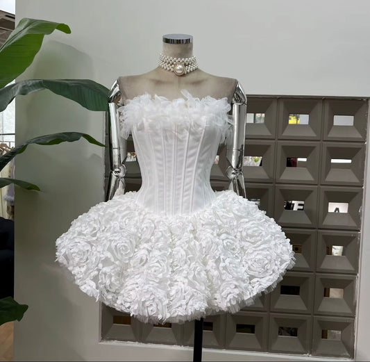 Floral Corset Mini Dress with Voluminous 3D Rose Skirt