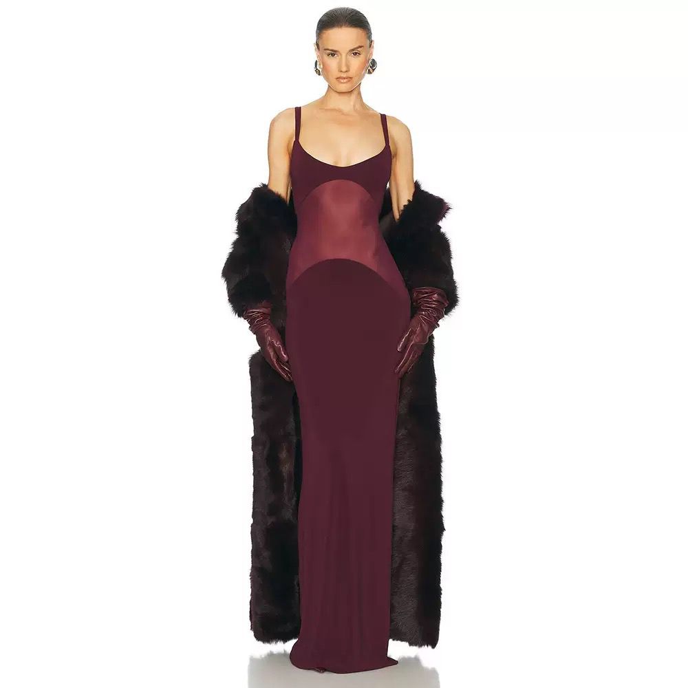 long fitted dress with mesh paneling