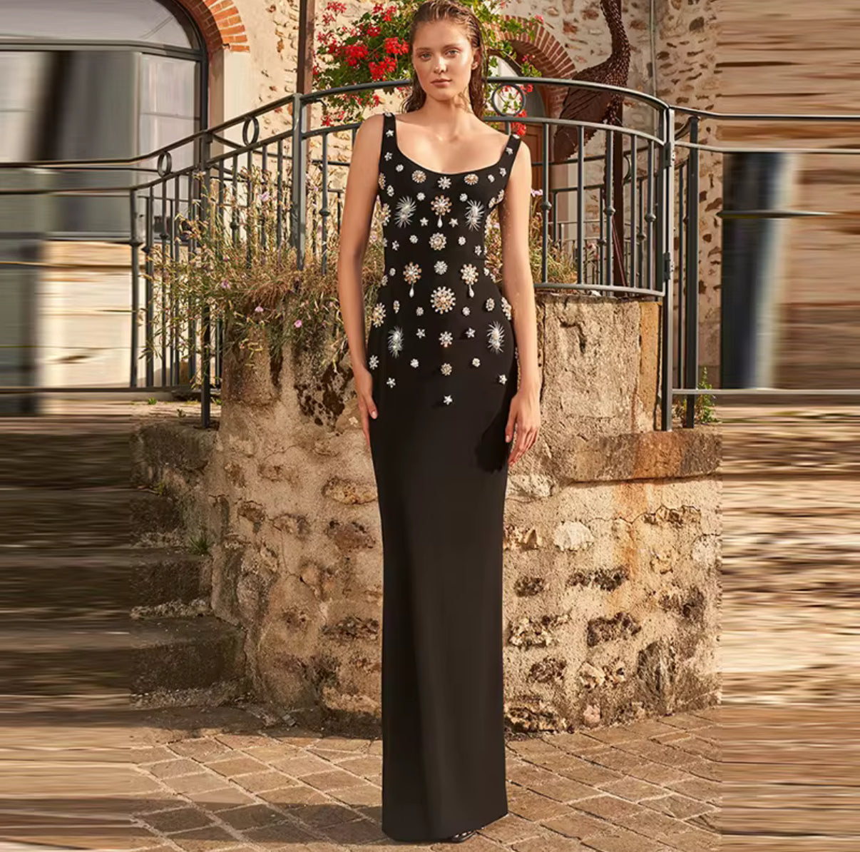 Black Sleeveless Evening Dress with Sparkling Starburst Embellishments