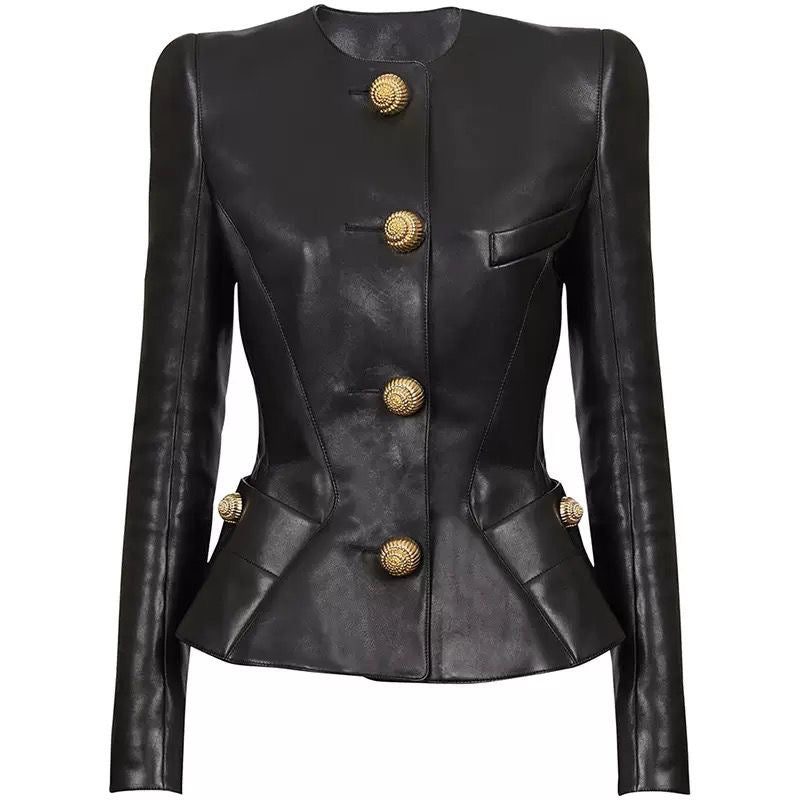 Sculpted Luxe Leather Blazer with Gold Medallion Buttons