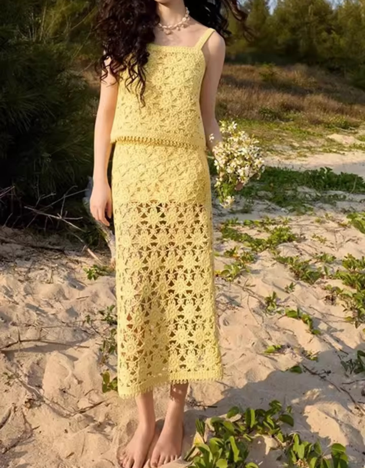 Golden Yellow Crochet Crop & Midi Skirt Set