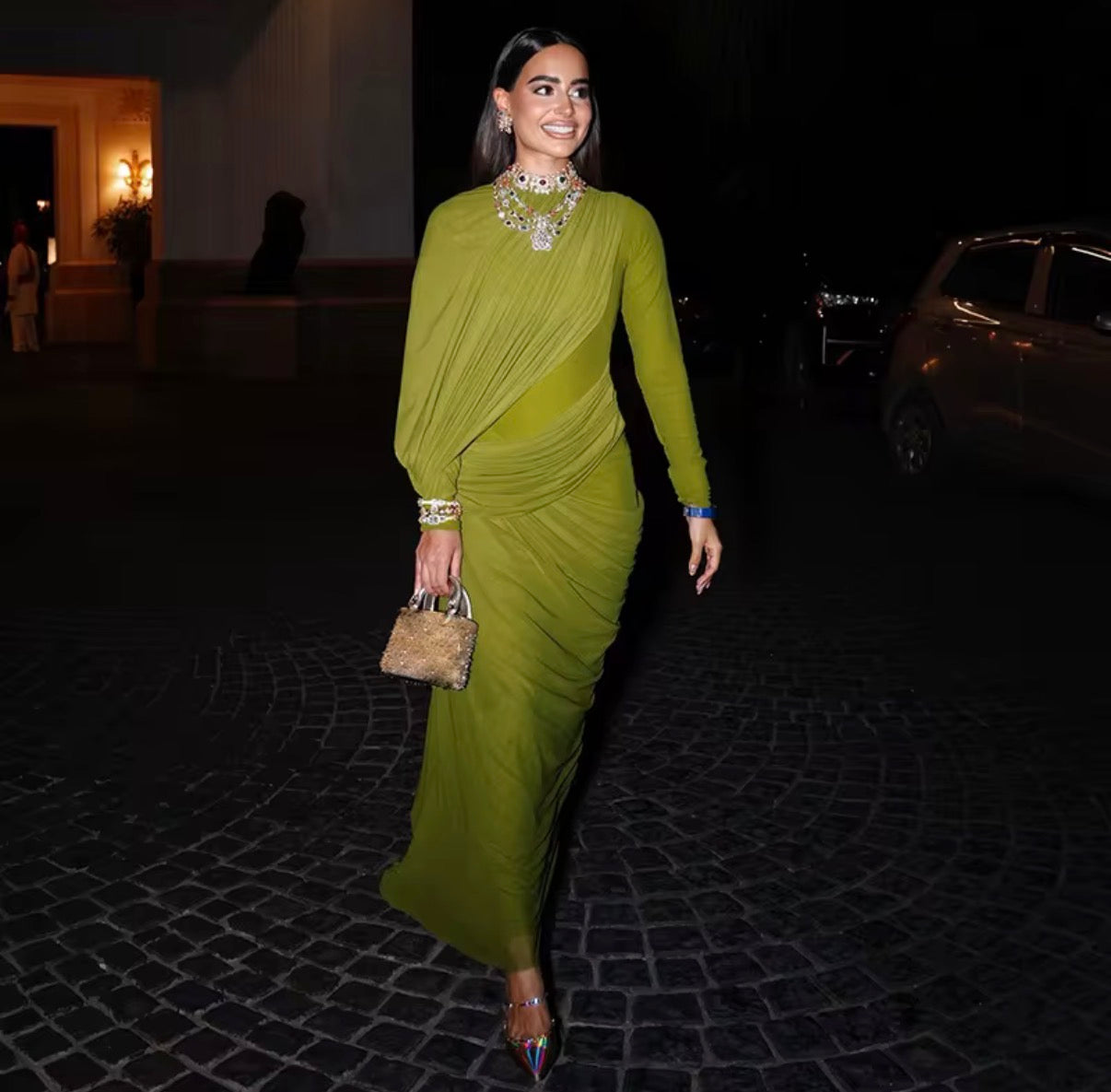 High Neck Ruched Maxi Green Dress