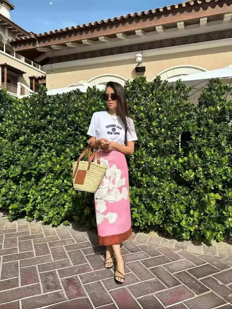 Blossom Print Satin Midi Skirt with Rust Hem