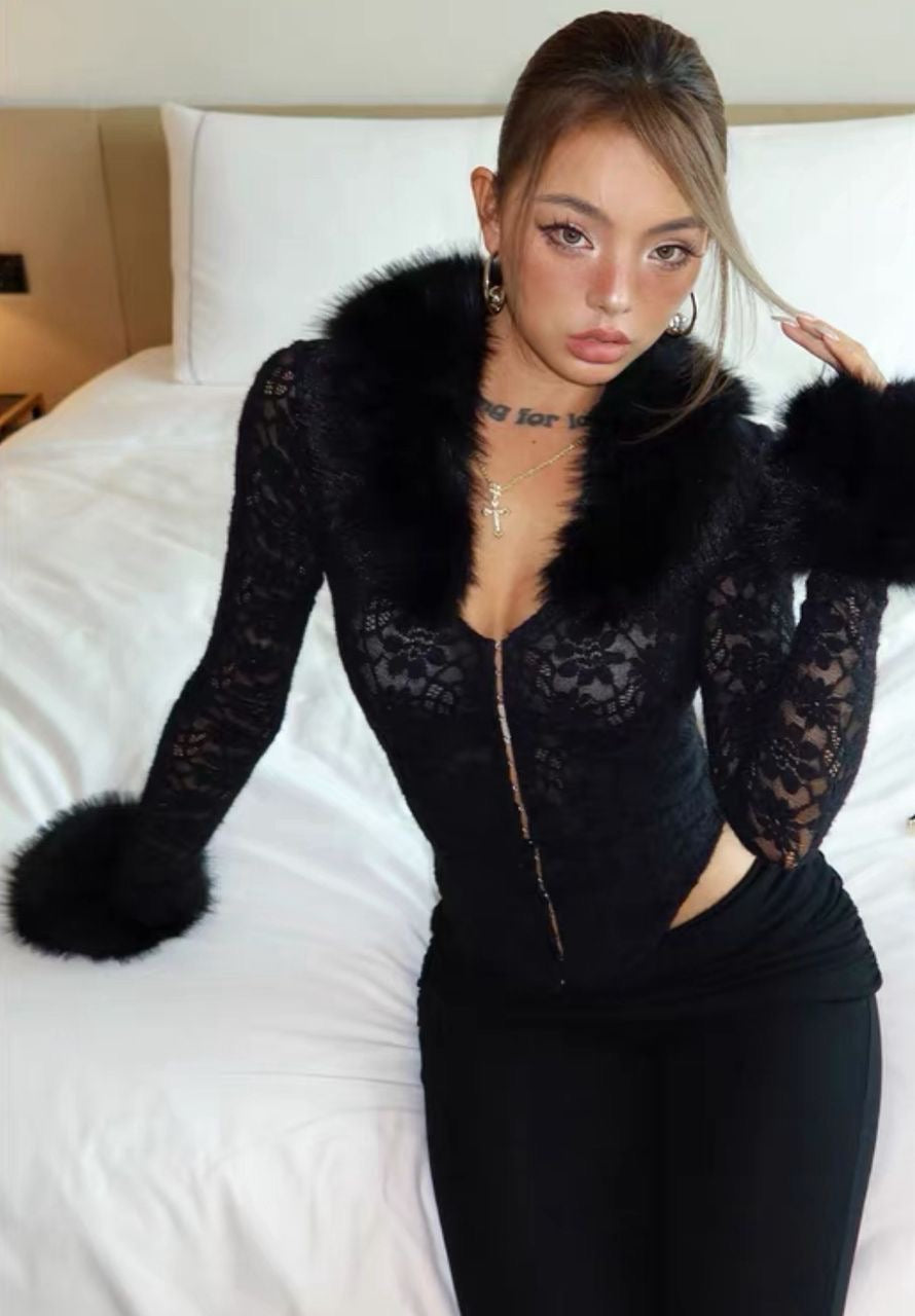 Lace Top with Fur Details