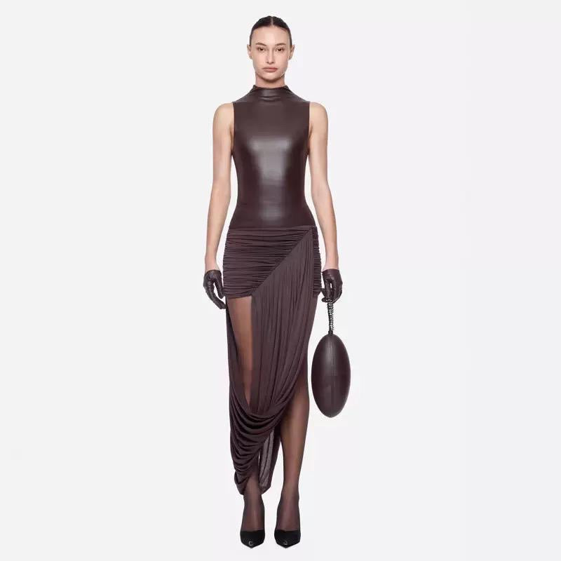 High Neck Leather Bodice Maxi Dress