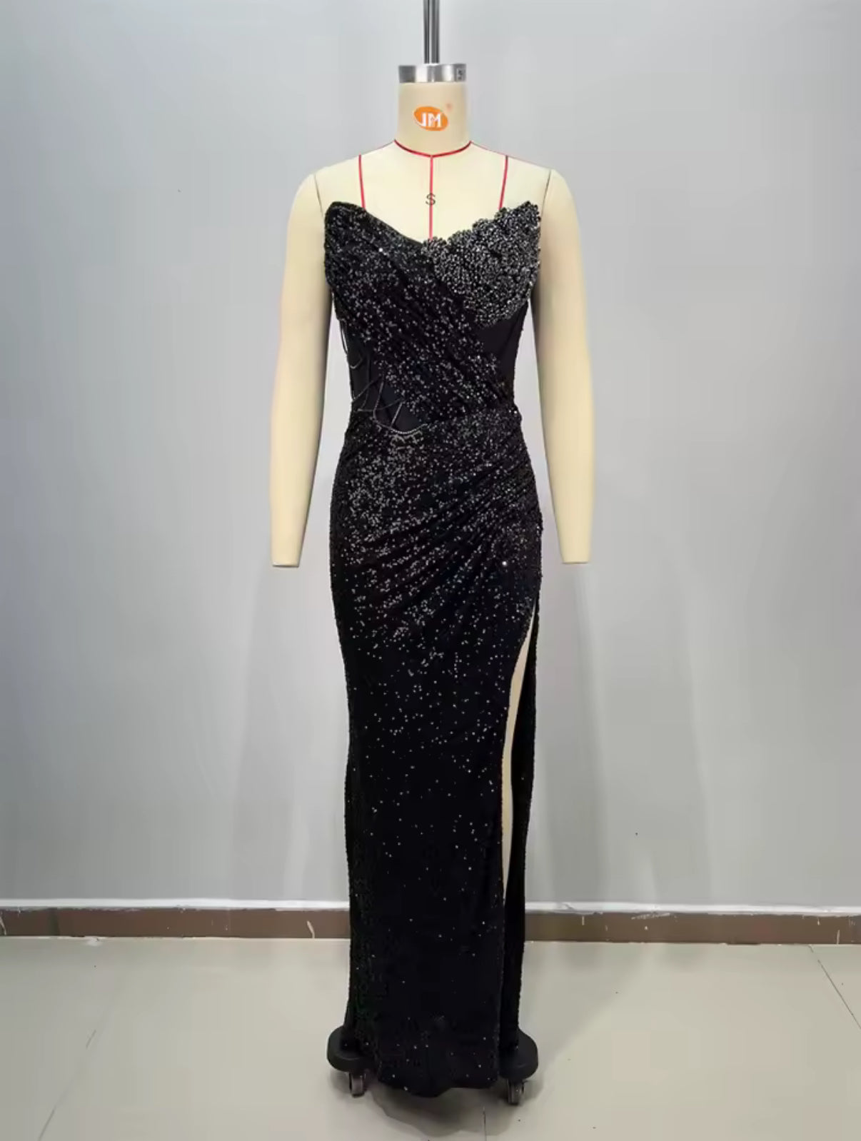 Black Sequin Corset Dress with Thigh-High Slit