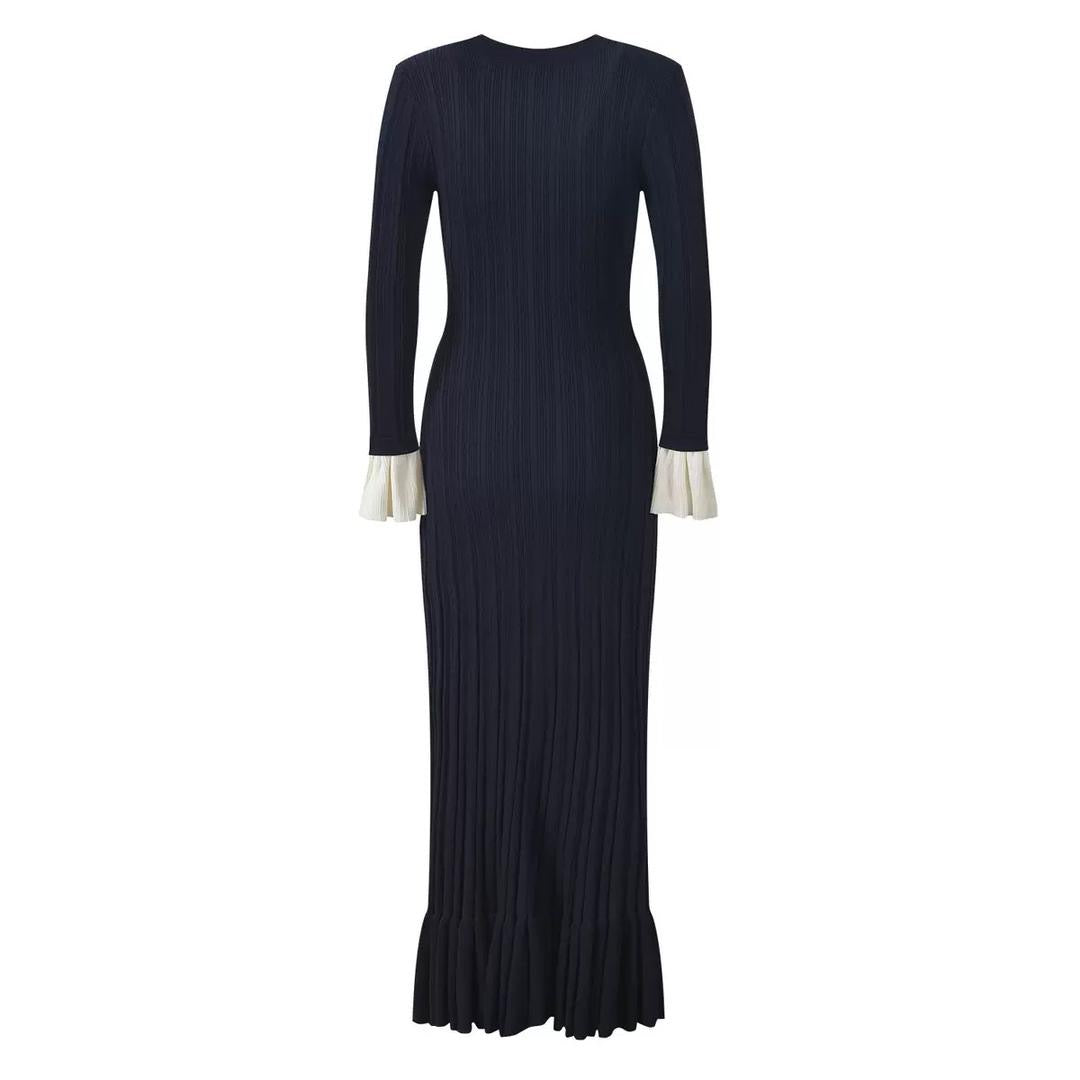 Navy Ribbed Maxi Dress with Gold Buttons and Pleated Cuffs