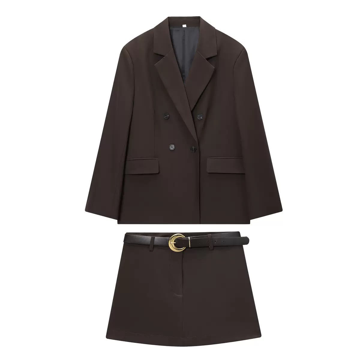 Chocolate Brown Blazer & Belted Mini Skirt Set