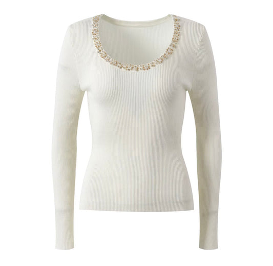 Crystal Neckline Ribbed Knit Top