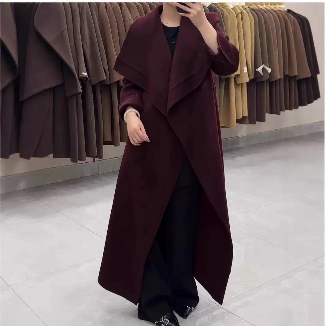 Long Wrap Wool Coat with Cascading Folded Collar