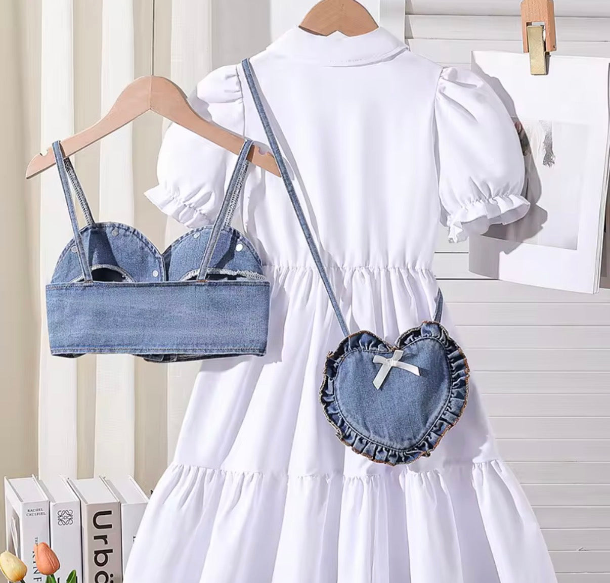 Denim Corset Puff Sleeve Dress Set