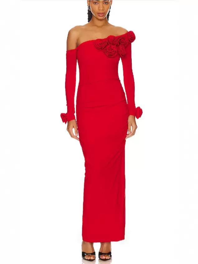 Red Crimson Rose One-Shoulder Sculpted Maxi Dress