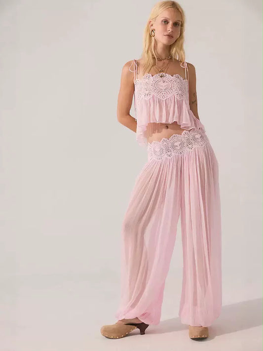 Lace Crop Top & Pleated Harem Pants Set