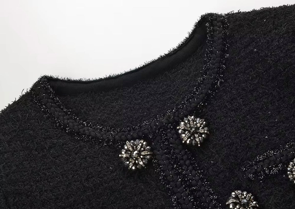 Embellished Button Tweed Mini Dress