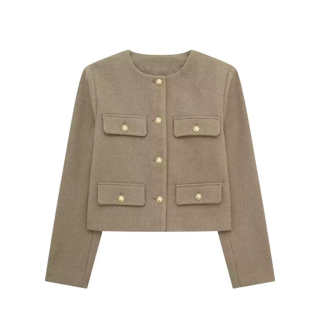 Cropped Tweed-Inspired Jacket with Gold Button Accents