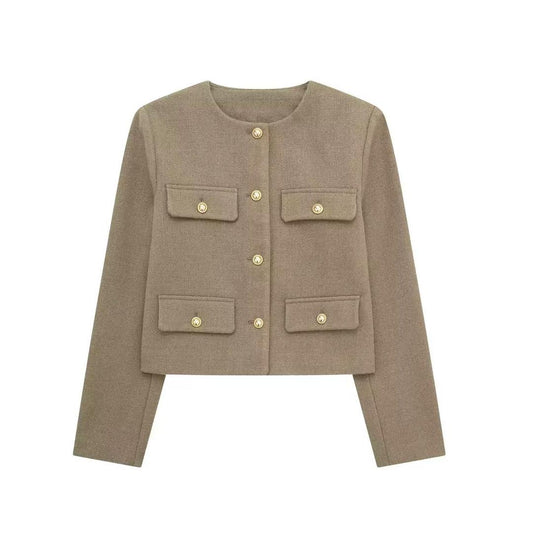 Cropped Tweed-Inspired Jacket with Gold Button Accents