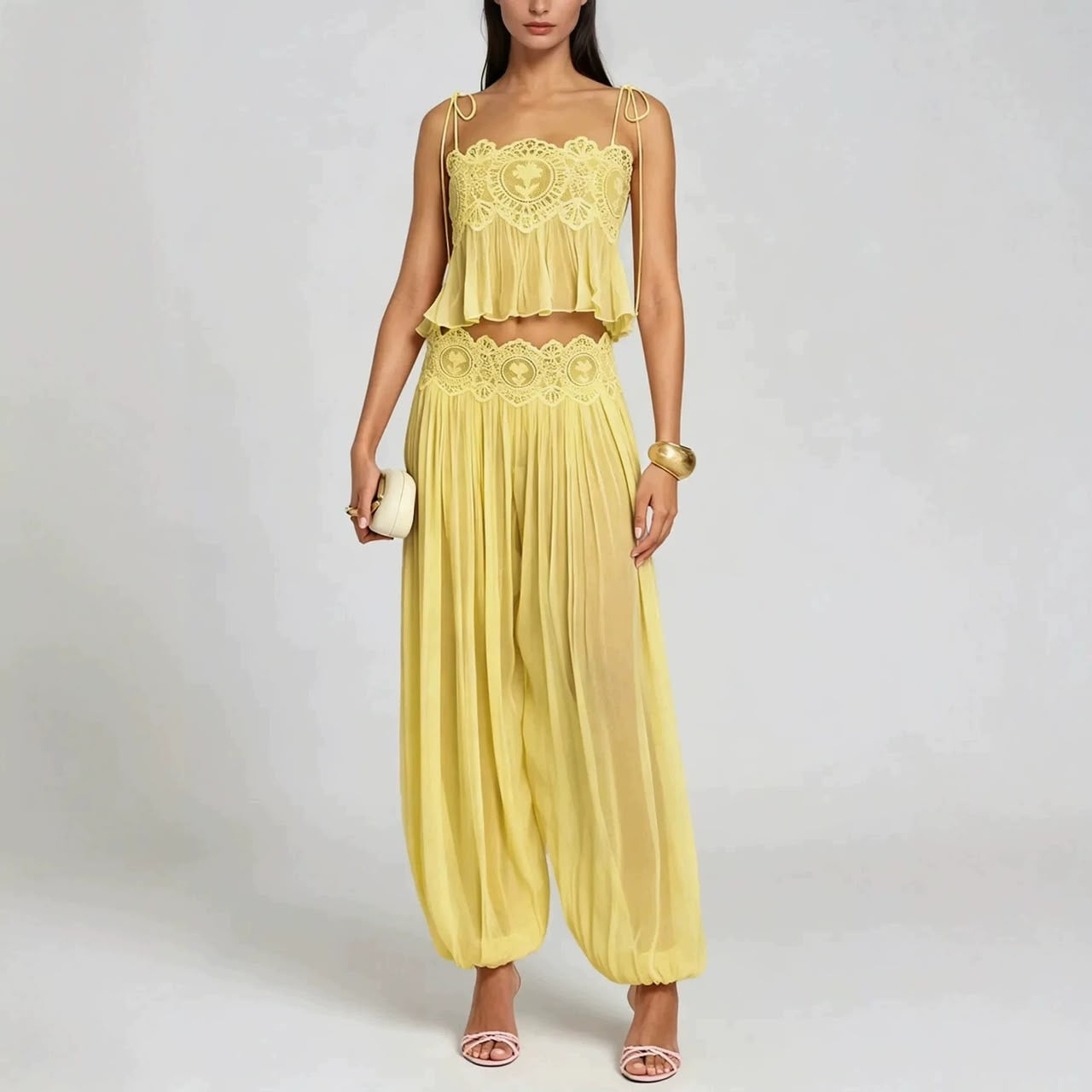 Lace Crop Top & Pleated Harem Pants Set