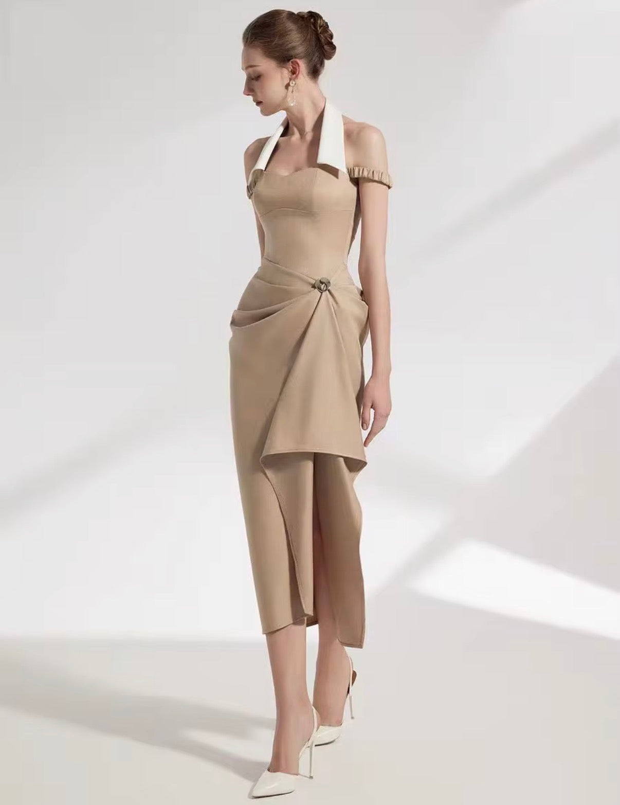 Golden Sculpt Halter Dress