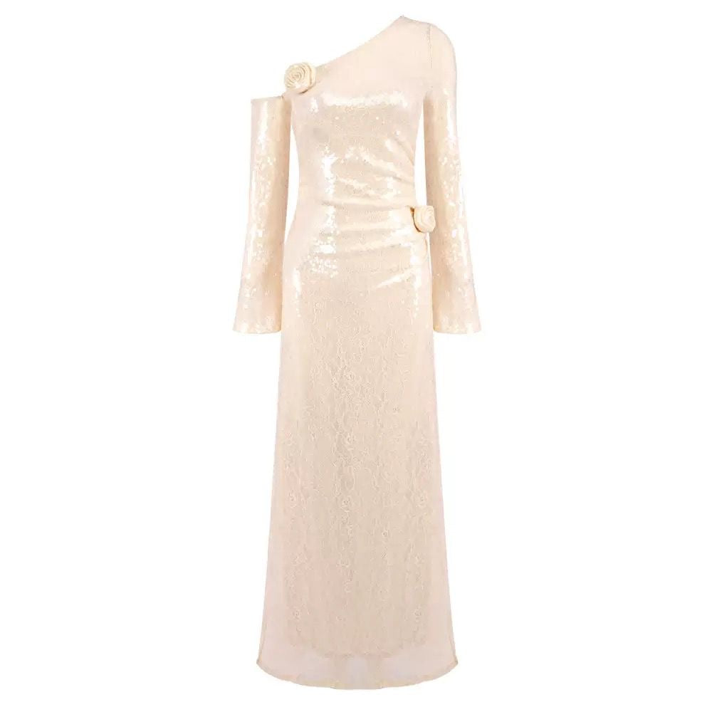 Rosette One-Shoulder Sequin Lace Dress