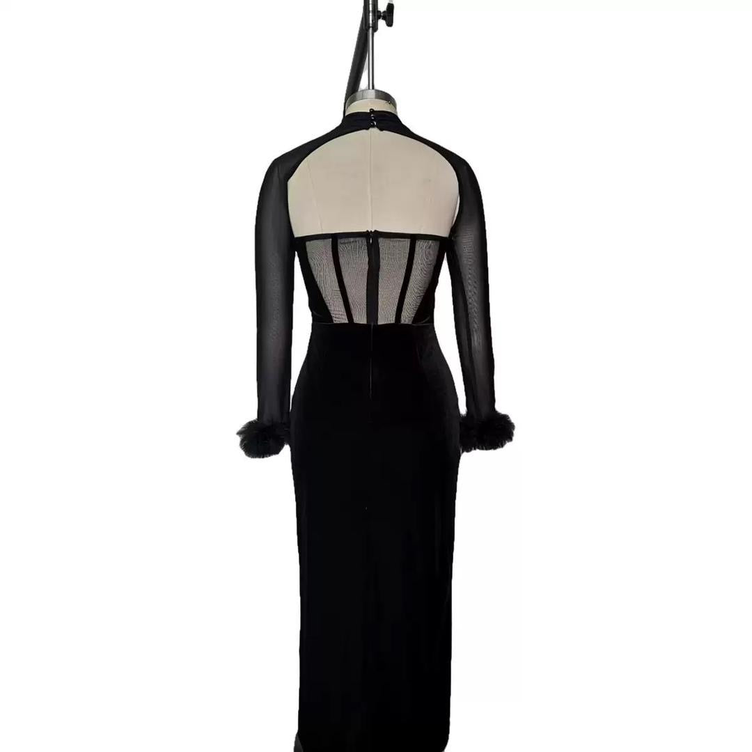 Velvet Corset Maxi Dress with Sheer Sleeves & Feather Cuffs