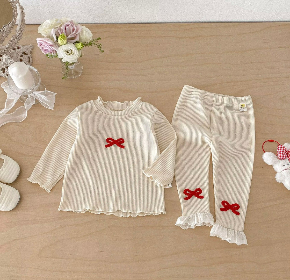Cherry Bow Ribbed Set