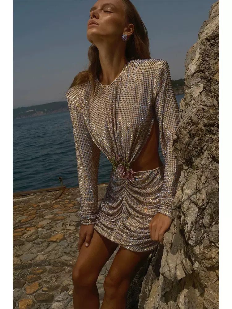 Nude Crystal Embellished Mini Dress with Floral Waist Detail