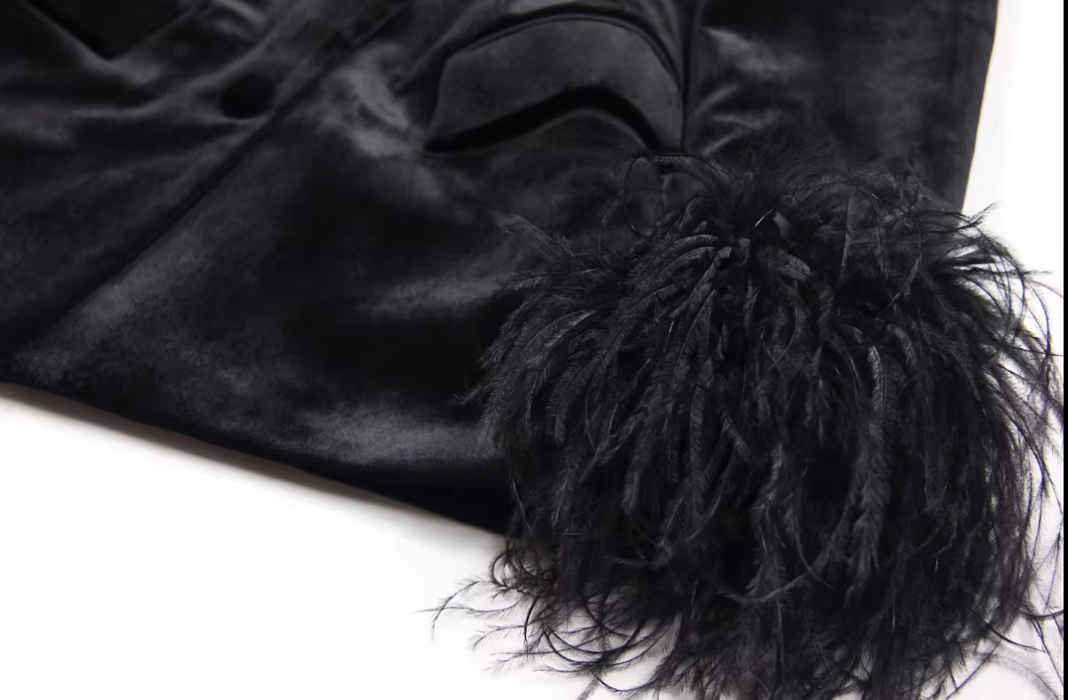 tailored cut blazer with feather-trimmed sleeves