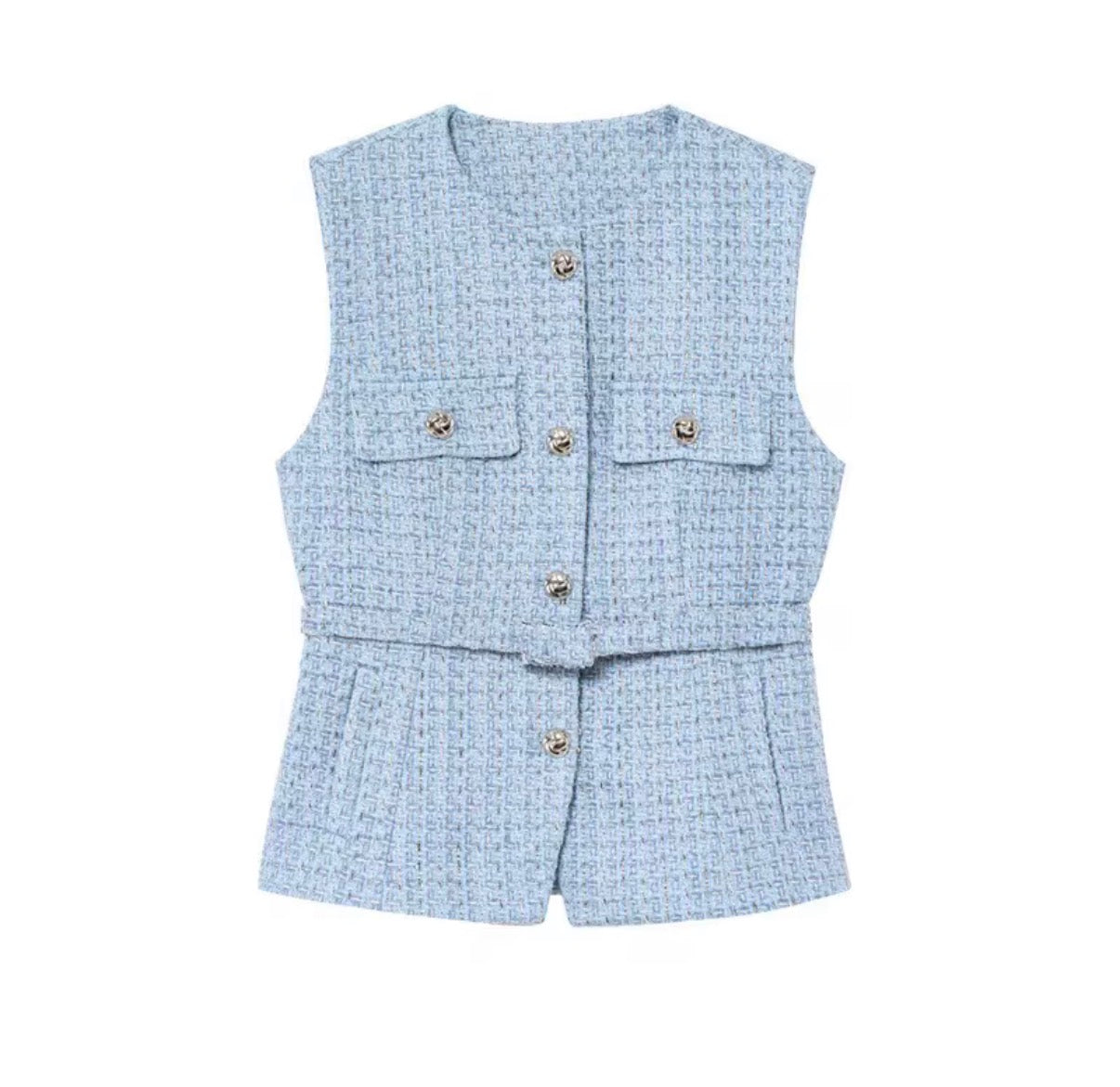 Textured Buttoned Belted Vest