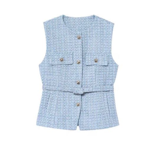 Textured Buttoned Belted Vest