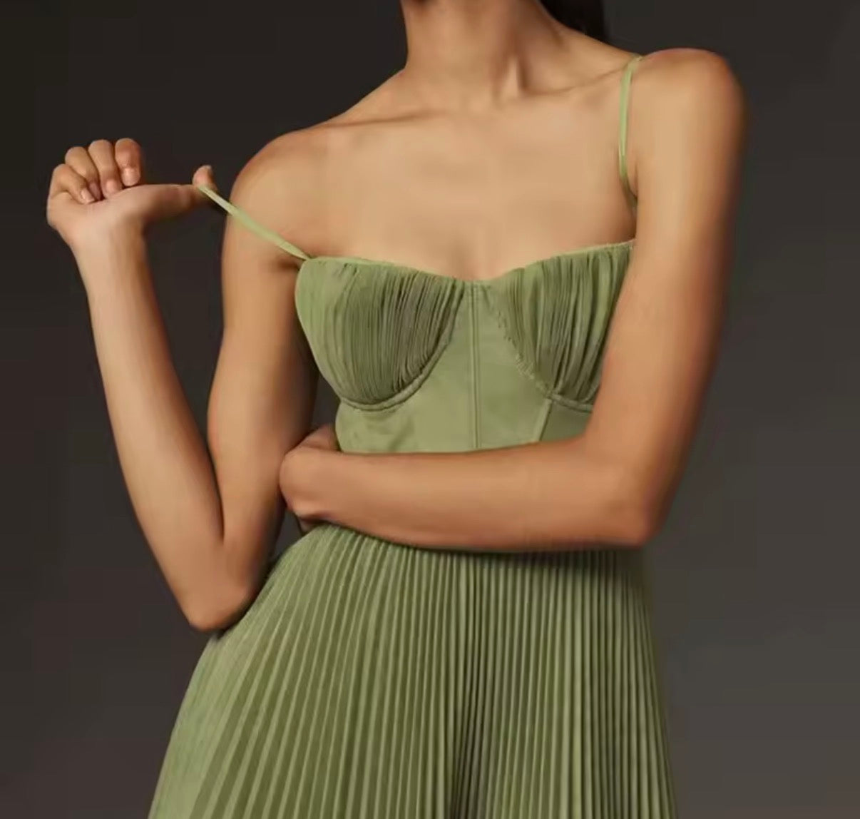 Olive Pleated Corset Maxi Dress