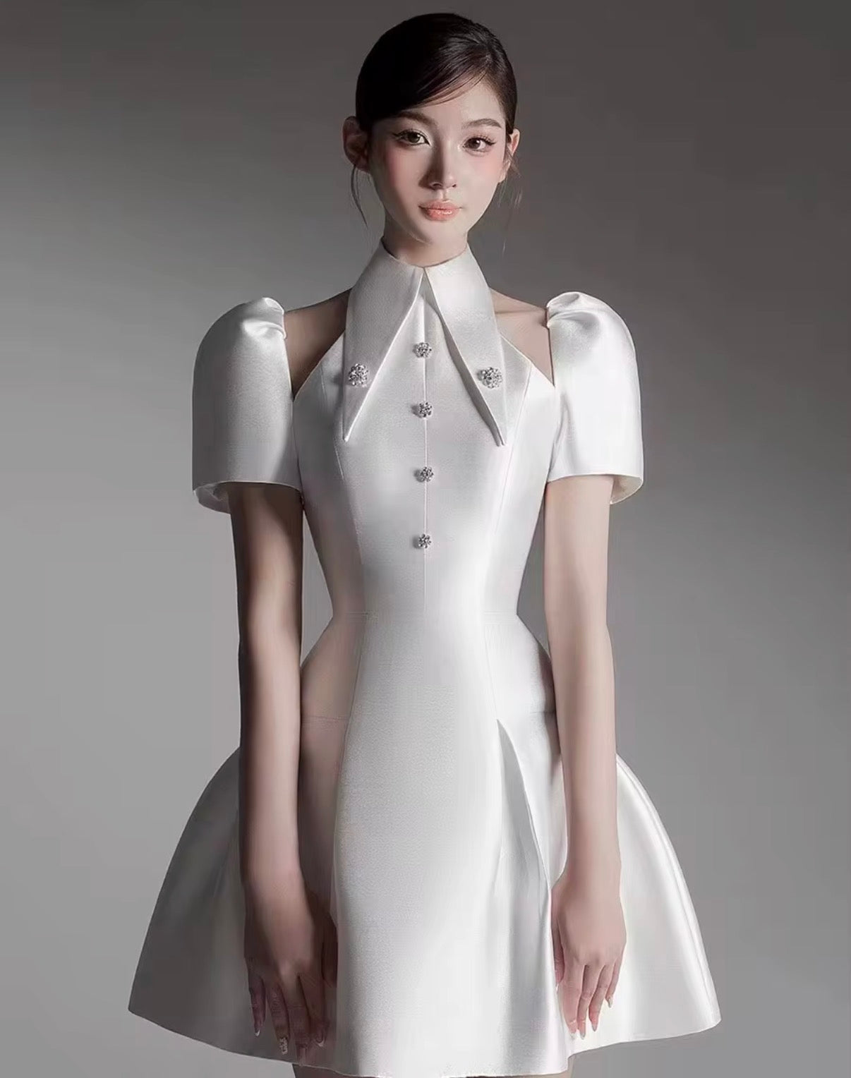 Elegant Sculpted Mini Dress with Statement Collar, Crystal Buttons, and Structured Puff Sleeves